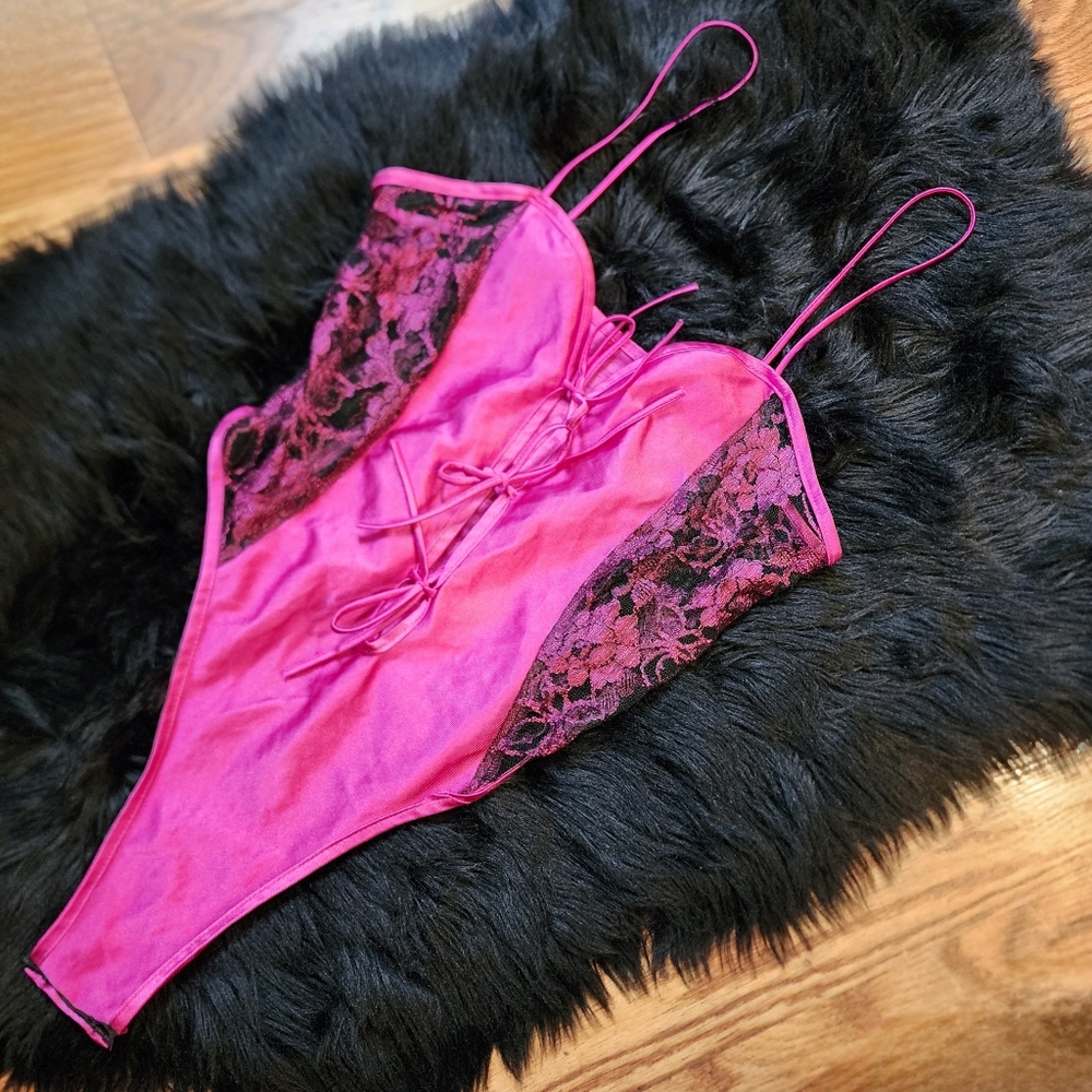 Vintage Lingerie Sexy Satin Pink with Black Lace Teddyone-piece bodysuit Size S